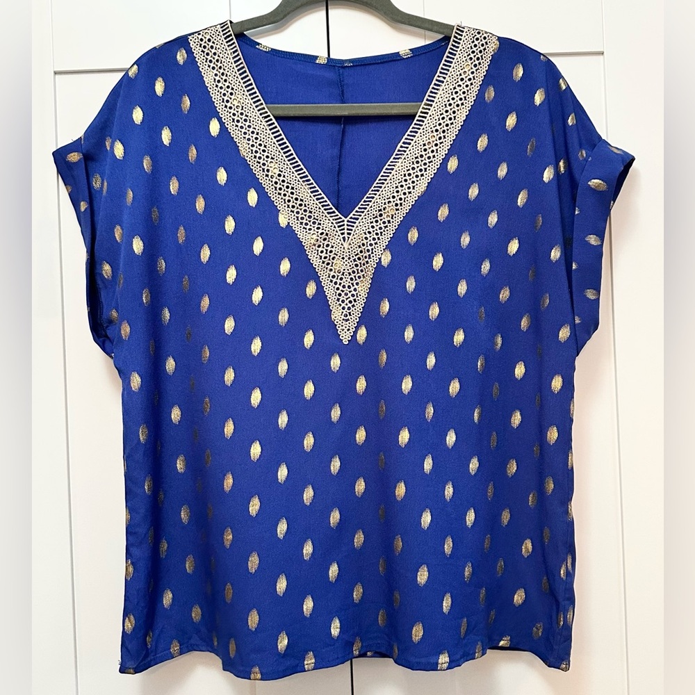 Blue and Gold Polka Dot Print Women's Crochet V Neck Top Cuff Sleeve Sz LG